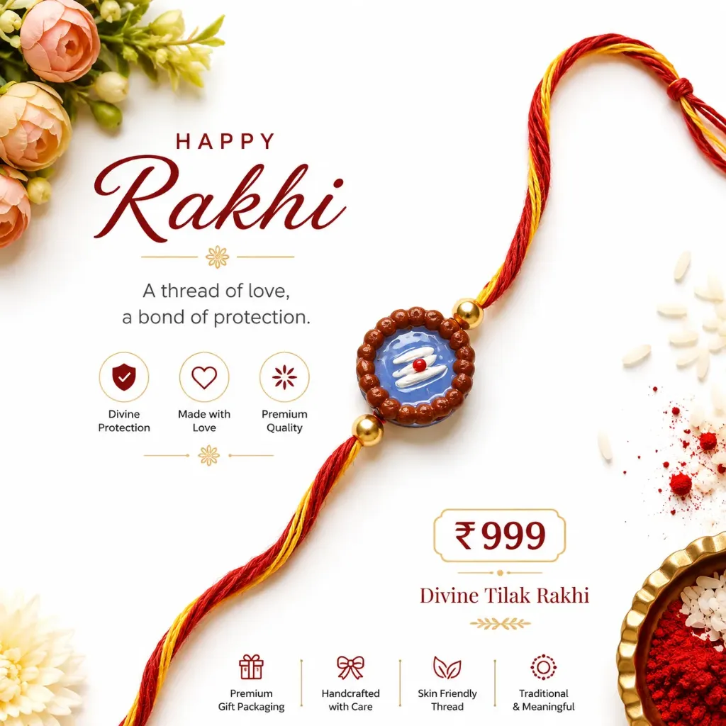 Mahadev Rudraaksh Rakhi| with a hand-painted Tilak design, strung on a traditional red-and-yellow raksha sutra.