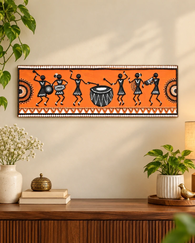 Handmade Warli Fusion Wall Art – 16 x 6 Inches