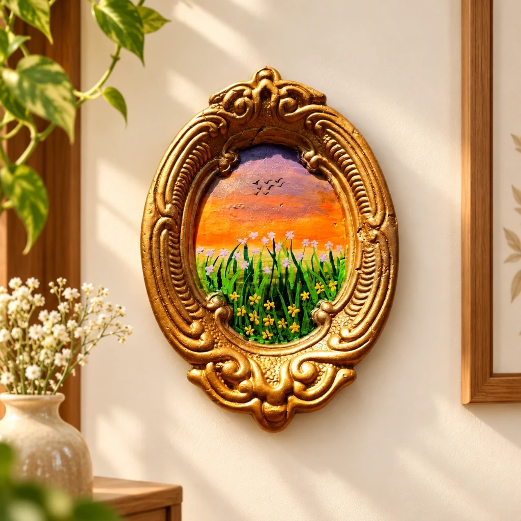Golden Terracotta Sunset Painting Wall Art – 7 x 4 Inches