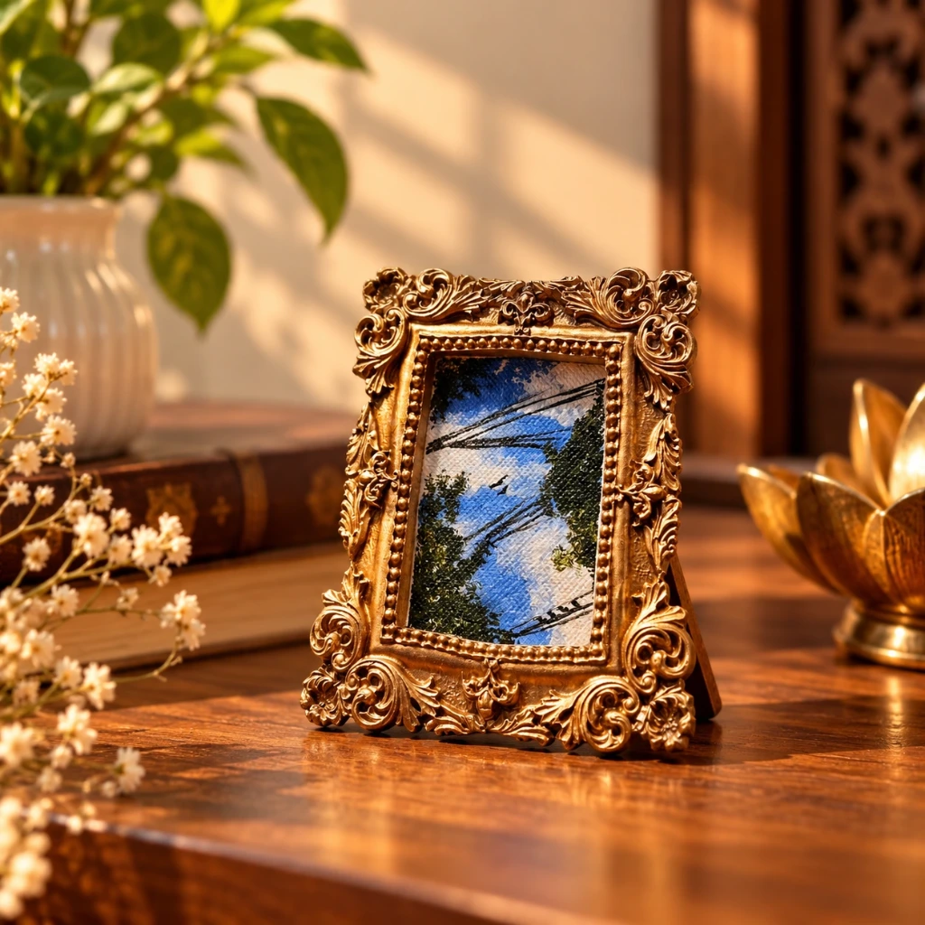 Miniature Sky View Acrylic Painting with Golden Clay Frame – 3 x 2 Inches