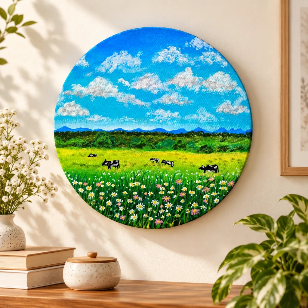 Darjeeling Spring Nature Acrylic Painting – 8 Inch Round Canvas