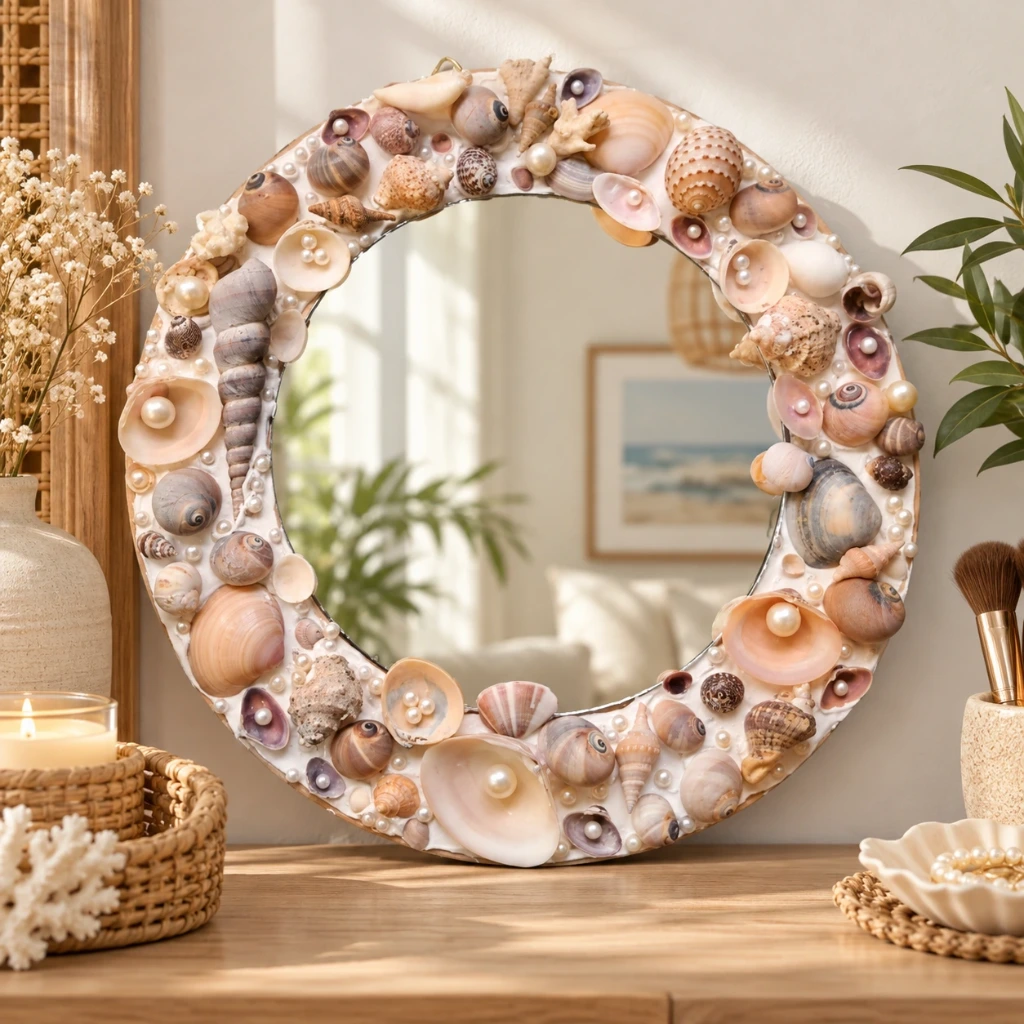 Sea Shell Mirror Wall Art – 14 Inch Handcrafted Coastal Decor