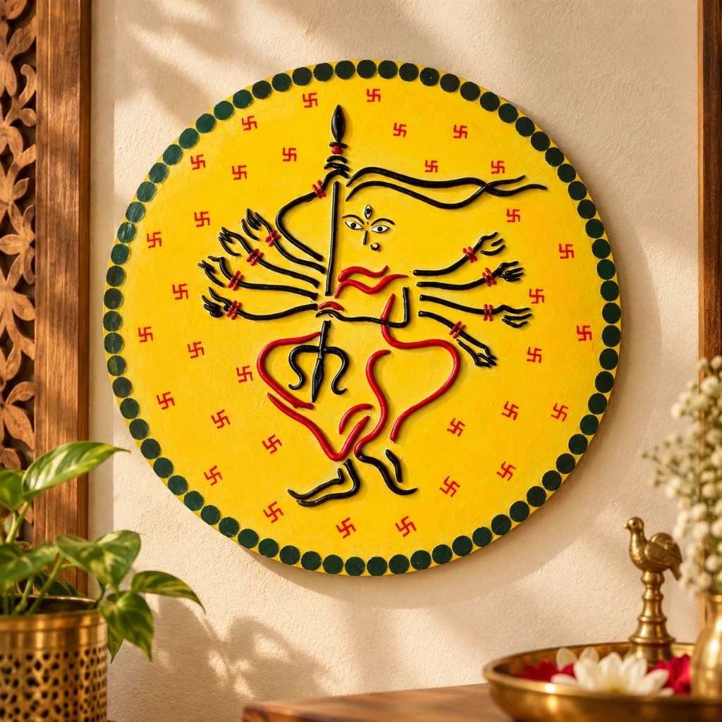 Durga Devi Devotional Wall Art – 8 Inch Round MDF Decor