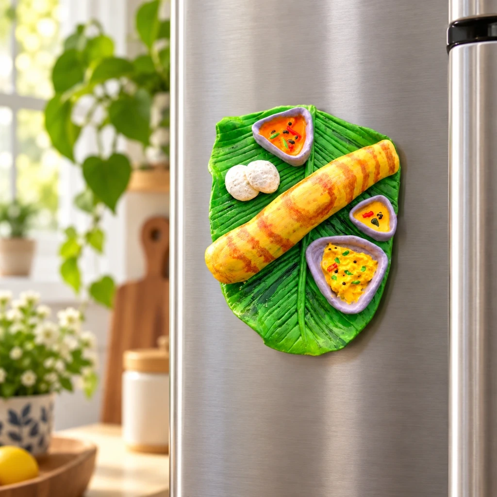Mini South Indian Meal Fridge Magnet – 2.5 Inch Food Art| Idli dosa fridge magnet